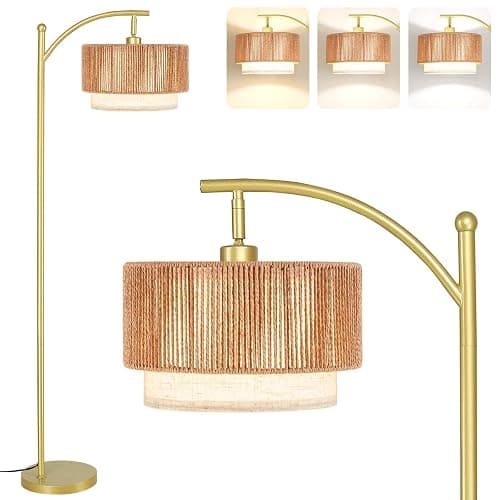 SUNMORY Floor Lamps for Living Room with 12W LED Bulb, Arc Floor Lamp with 3 Color Temperatures, Farmhouse Floor Lamps with Adjustable Rattan & Fabric Shades, Boho Standing Lamp for Bedroom, Corner - Image 1