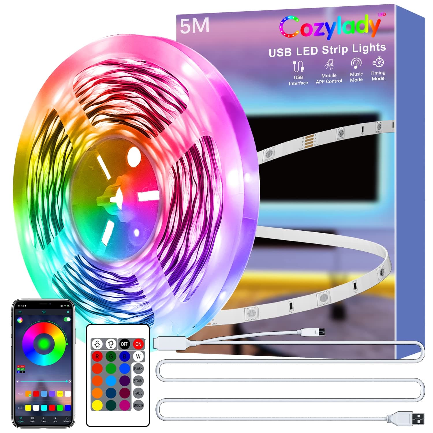 Cozylady USB LED Light Strip,16.4ft RGB Strip Lights with Remote, Multi-Colour LED Light Strips Kit Music Sync 5050 LED 5V RGB Light Bluetooth APP Control for Home TV Party Christmas Halloween - Image 1