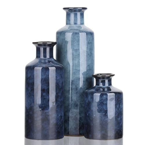 Blue Ceramic Vase Set - 3 Blue Small Vases, Farmhouse Country Flower Vase Home Decor, Living Room Decoration, Table Decoration, Fireplace Decor, and Entrance Decorations Centerpieces - Image 1