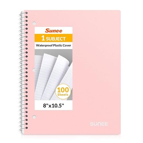 SUNEE Spiral Notebook, 1-Subject, College Ruled Paper, 8" x 10-1/2", 100 Sheets per Notebook, 3-Hole Punched Paper, Water Resistant Cover, Double-sided Pockets, Spiral Lined Notebooks for Work, Pink - Image 1