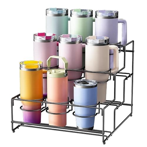 Nuovoware Water Bottle Organizer for Stanley 40 Oz Tumbler with Handle, 3-Tier Stanley Cup Organizer for Cabinet, 9 Bottles Free-Standing Kitchen Tumbler Storage Holder, Easy to Install, Black - Black - Image 1
