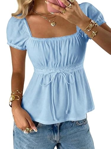 SOLY HUX Women's Square Neck Short Sleeve Peplum Tops Cute Summer Blouse for Teen Girls Babydoll Top T Shirt - Image 1