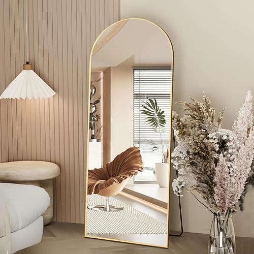 NEUWEABY Full Length Mirror, 162x53cm Arch Floor Mirror with Stand, Gold Arched Full Body Standing or Leaning for Bedroom, Living Room - 162L x 53W cm - Gold - Image 1