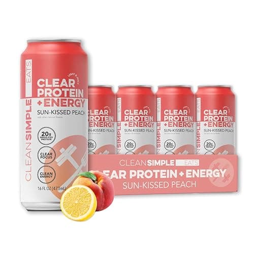 Clean Simple Eats Clear Protein + Energy Drink, 20G Grass Fed Whey Protein Isolate, 100MG Natural Caffeine, L Theanine & Cognatiq, No Artificial Ingredients, Sun-Kissed Peach Flavor, 16 Oz Cans, 12 Pk - Image 1