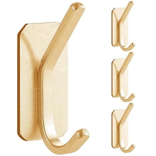 Paoli Heavy Duty Adhesive Wall Hooks, 30 lb Max Load Waterproof Hooks for Bathroom Towels Coats Bags, No Drill Damage-Free for Renters Apartment Dorm, Matte Gold, 4 Pack - Image 1