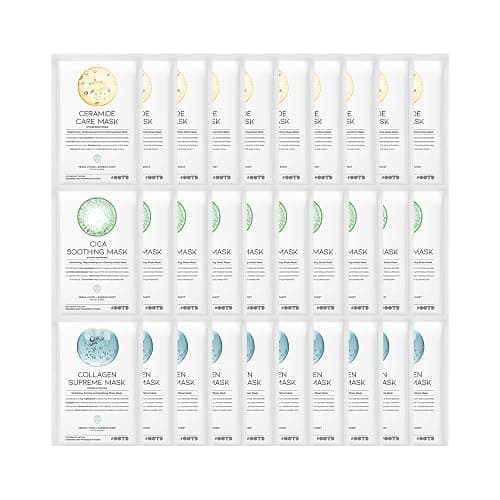 Hydrating Soothing Sheet Masks Gift Set for Skincare, Korean Vegan Sheet Mask for Dry, Sensitive Skin, Calming, Smoothing, Brightening, Collagen, Ceramide, Cica, Hyaluronic Acid 30EA - Image 1