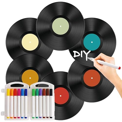 Leptetek 6 PCS Vinyl Records Decorations 12 Inch with Markers, Double Side Tape and Vinyl Center Label, Vintage Record Decor for Wall Aesthetic, Rock & Roll Music Party Decor - Image 1