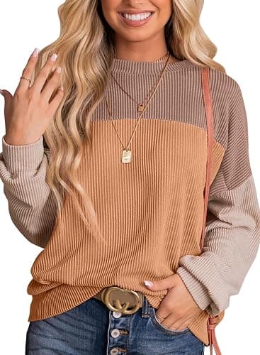 Dokotoo Womens Fashion 2025 Color Block Long Sleeve Crewneck Knitted Casual Loose Pullover Shirts Tops - A-khaki - Large - Image 1
