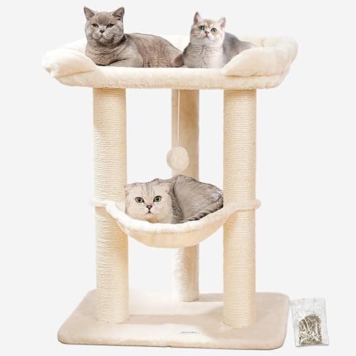 Happi N Pets 28" Large Cat Tree Tower for Indoor Cats, Cat Scratch Post with Large Bed for Maine Coon Big Cats, Sisal Cat Scratcher with Soft Perch & Hammock, Stable Cat Stand, Removable Cover-Beige - Image 1