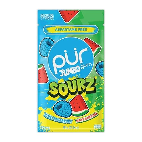 PUR Jumbo SOURZ Gum | Aspartame Free Chewing Gum | 100% Xylitol | Natural Flavor | Sour Blue Raspberry, Sour Watermelon, 20 Pieces (Pack of 1) - Image 1