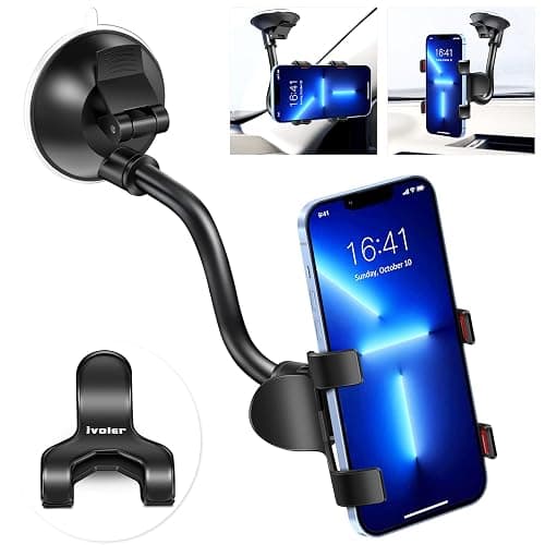 ivoler Car Phone Mount Windshield, Long Arm Clamp Universal Windshield with Double Clip Strong Suction Cup Cell Phone Holder Compatible with iPhone 15 14 13 Pro Max XS 7 8 Plus, Galaxy S24 S23 Ultra - Image 1