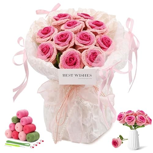 JUAYING Crochet Kit for Beginners Adults, Pink Roses Bouquet Beginner Crochet Kit, Crochet Starter Kit with Step-by-Step Instructions and Video Tutorials, Knitting Kit for DIY Craft Crochet Flower - Pink Roses - Image 1