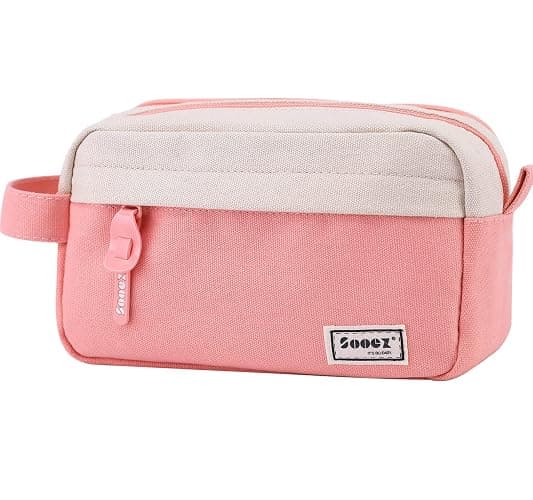 Sooez Big Capacity Pencil Case, Upgraded Canvas Pencil Pouch Large Pencil Bag Organizer, Separate Compartments Easy Grip Handle, Aesthetic Supply for School Teens Adults, Pink Pen Case - Canvas Pink - Image 1