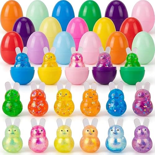 Howzcci 12 Pack Easter Bunny Squishy Squeeze Toys Stress Balls Toys with 12 PCS Plastic Easter Eggs for Kids Girls Boys Easter Basket Stuffers Party Favors Gifts - Image 1