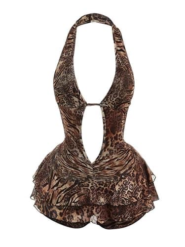 Verdusa Women's Y2K Leopard Print Halter Romper Backless Ruffle Jumpsuit | Y2k Outfits for Women, Rave Outfits for Women, Going Out Romper, Leopard Romper, Concert Romper - Image 1