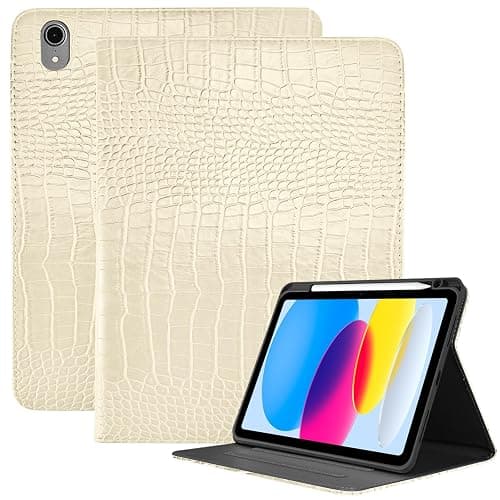 Deokke Premium Leather Compatible with iPad (A16) 11th Generation 11 Inch Case 2025,iPad 10th Generation 10.9 Inch Case 2022,Pencil Holder Crocodile Auto Sleep/Wake Cover Women Girls-Creamy White - Image 1