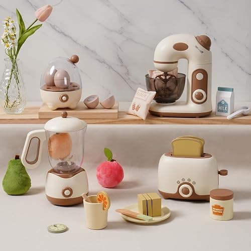 ROBOTIME Kids Toy Kitchen Set - Wooden Play Kitchen Appliances with Toaster, Mixer, Blender with Realistic Sounds, Play Kitchen Accessories Toy Food Set for Kids - Kitchen Playset for Toddlers(4-Set) - Image 1