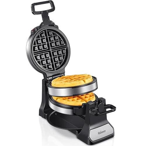 Belgian Waffle Maker, Classic Rotating Waffle Iron with Nonstick Plates, Removable Drip Tray and Cool Touch Handles, Double Flip Waffle, Rotating Belgium Waflera Maker by Yabano, Brushed Stainless - Image 1