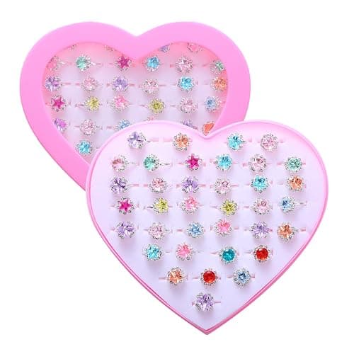 PASEMM 36pcs Little Girl Rhinestone Gem Rings,Adjustable,Random Color Style Diamond Kids Play Rings in Box,Pretend Play and Dress Up Rings for 4-12 Year Old Girl Birthday Gifts, 3 4 5 6 7 8 9 10 11 12 - Image 1