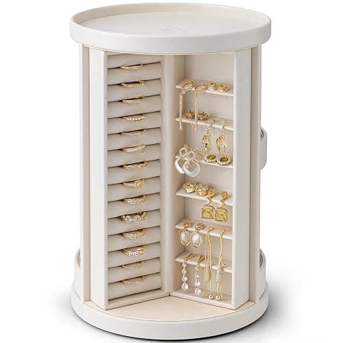 Vlando 360°Rotating Jewelry Box,Earring Organizer Large Vertical Jewelry Organizer with 6 Necklace Hooks, Open Ring Display Storage for Women - Cream White - Image 1