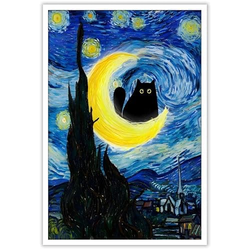 Funny Starry Night Cat Poster Cute Abstract Animal Canvas Wall Art Black Cat On The Moon Whimsical Aesthetic Prints Painting For Living Room Bedroom Gallery Wall Decor 12x16in Unframed - Image 1