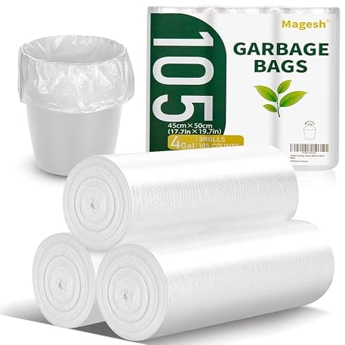 Magesh 4 Gallon Trash Bag Strong, Leakage-Free, Small Garbage Bags Unscented Thick for Bathroom, Office, Kitchen Small Trash Can, 15L, 105 Bags, Clear - Image 1