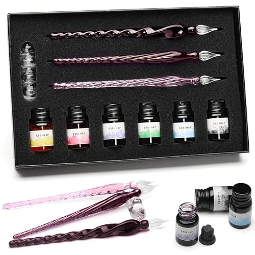ESSSHOP Glass Pen Calligraphy Set - 3 Purple Crystal Dip Pens Color Ink and Pen Holder Art Supplies Kit for Signatures Beginners Journaling Lettering Drawing Holiday Gift Decoration - Purple - Image 1