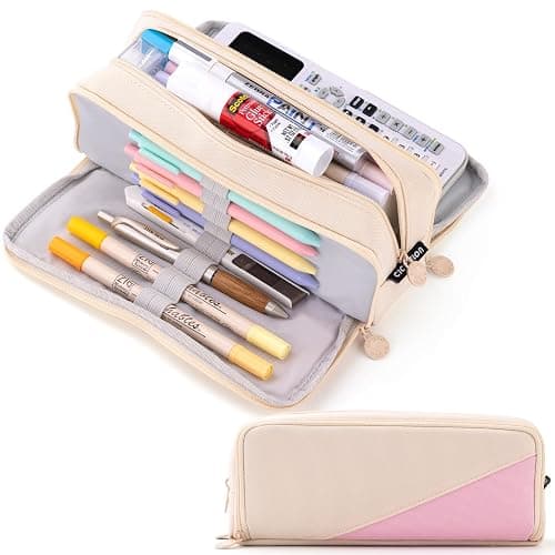 CICIMELON Big Capacity Pencil Case 3 Compartments Pen Pouch Bag Multifunctional Organizer for School Office, Cream - Image 1