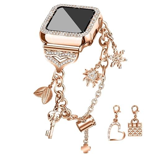 JOYOZY Band Compatible with Apple Watch 38mm 40mm 41mm 42mm 44mm 45mm 46mm, Bling Strap with Glitter Case Built-in Screen Protector, Interchangeable Charms Dressy Bracelet for Women - Image 1