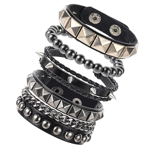 JIYIN 4 Pcs Leather Rock Studded Bracelets, Punk PU Leather Spike Bracelet for Men Women, Leather Cuff Bracelet 80s Wristband Set Adjustable Emo Punk Accessories Grunge Bracelet for Men Women - Image 1