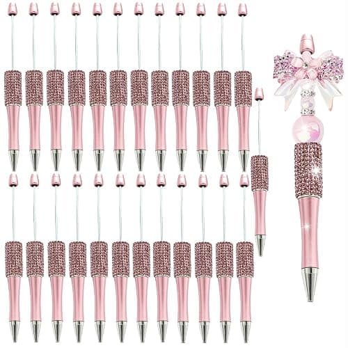 KUNHEHO 25Pcs Pink Beadable Pens Bulk Diamond Ballpoint Pens Retractable Writing Pens Bead Pens DIY Focal Beads Pens Making Kit Gifts for School Office Teacher Staff Students - Image 1