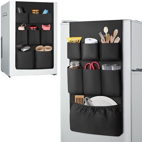 FENYUAN Dorm Room Essentials Mini Fridge Storage, 14 Pockets and Paper Goods Organizer, Dorm and Office Over the Fridge Caddy Organizer, College Essentials Flatware Storage Organizer - Black - 63IN - Black - Image 1