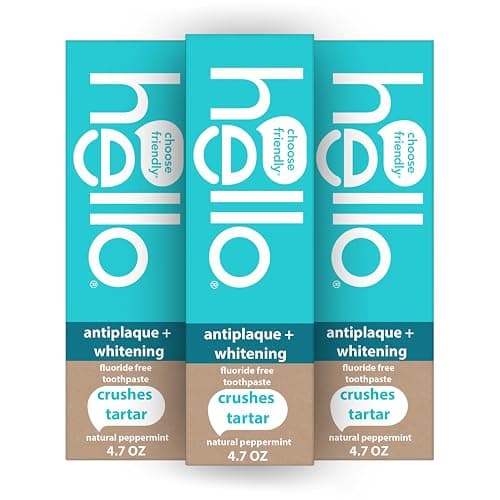 Hello Antiplaque Toothpaste, Fluoride Free for Teeth Whitening with Natural Peppermint Flavor and Tea Tree Oil, Peroxide Free, Gluten Free, SLS Free, 3 Pack, 4.7 OZ Tubes - 4.7 Ounce (Pack of 3) - Antiplaque & Whitening - Image 1
