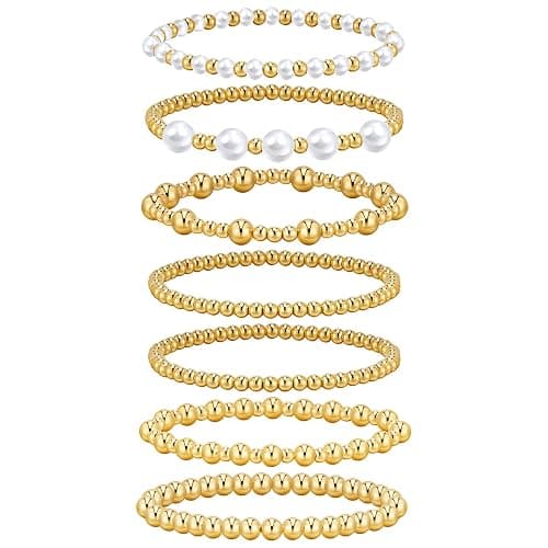 7Pcs Gold Bracelets for Women Gold Plated Beaded Bracelet Elastic Stretch Bead Ball Stack Set Stretchable Adjustable Gold Jewelry Gifts - Charming - Image 1