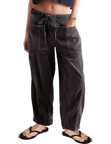 Buxitt Barrel Jeans for Women Stretch Elastic Waist Pull-on Wide Leg Baggy Pants Crop Denim with Drawstring - Image 1