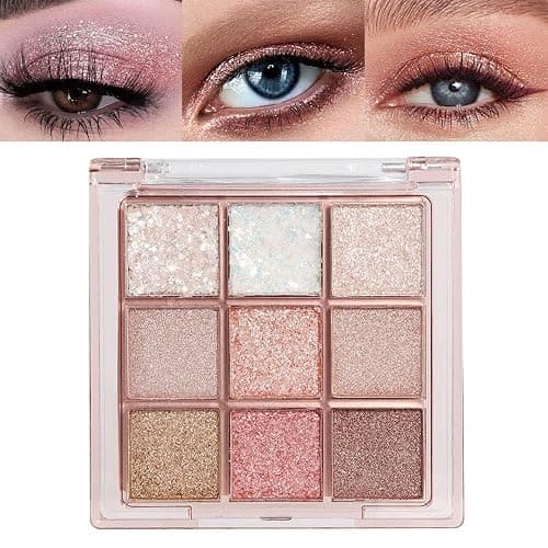 9 Colors Pink Glitter Eyeshadow Palette Naturing-Looking Women Girls Eye Shadow,Pink White Gold Glitter Shimmer Sparkly Eye Shadow Palette Makeup,Warm Pastel Eyeshadows Palette Long Lasting Waterproof - Image 1