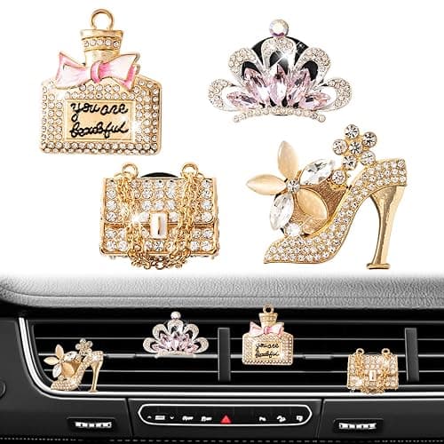 Rislobx 4PCS Bling Air Freshener Vent Clip, Crystal Diamond High Heel Shoe Bag Crown Perfume Bottle Diffuser Vent Clip Cute Car Bling Accessories Decoration for Women (Gold) - Image 1