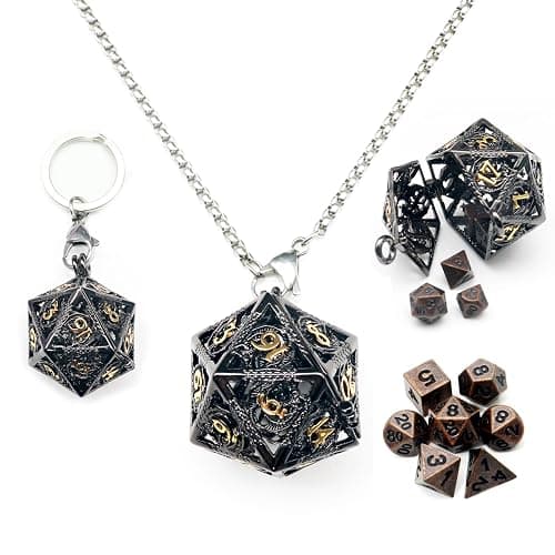 Haxtec Mini Metal DND Dice Set, Tiny Dice with D20 Hollow Cage Necklace & Keychain, Portable Micro D&D Dice for RPG, Cute Small Dice Set for Travel, Unique Dungeons and Dragons Gifts for Men Women - Image 1