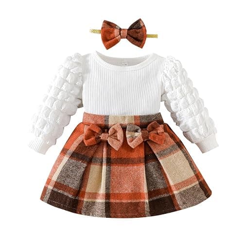 Toddler Baby Girl Plaid Dress Puff Sleeve Bow Patchwork Ribbed Shirts Dress Plaid Fall Winter Outfits with Headband - Image 1