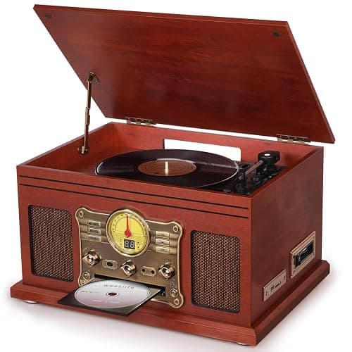 FEKTIK Bluetooth Record Player 10 in 1, 3-Speed Turntable for Vinyl with Speakers, LP to MP3 Converter, CD, Cassette Player, FM Radio, Wireless Streaming | Mahogany - Mahogany - Image 1