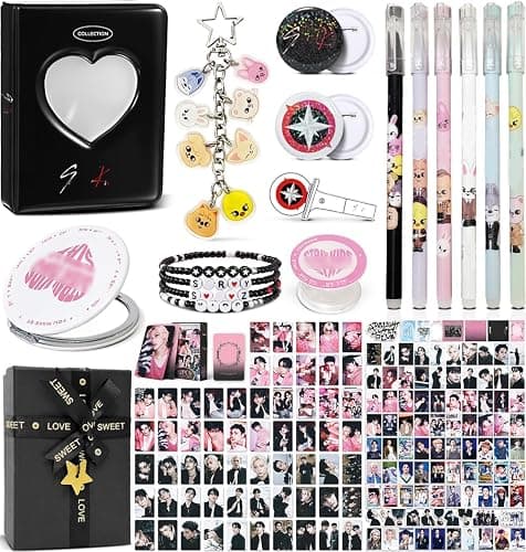 Stray Merch Gift Box Set, Including 60 Photocards, 96 Stickers, 3 Inches Photocards Binder, 4 Bracelets, Foldable Mirror, 2 Button Pins, Keychain, Fridge Magnet, Phone Ring Holder, 6 Pens for Stay - Image 1