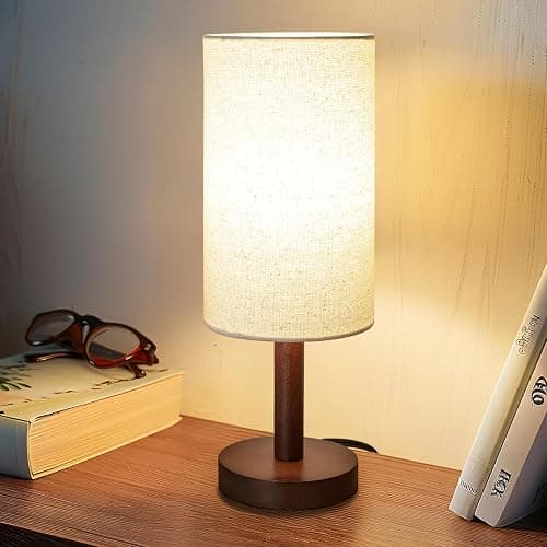 Small Table Lamp for Bedroom, Nightstand Lamp Linen Lampshade Bedroom Wood Base Small Bedside Lamp for Night Stands, Desk Lamps for Reading Living Room, Office (LED Bulb Included) (Black-Walnut Wood) - Image 1
