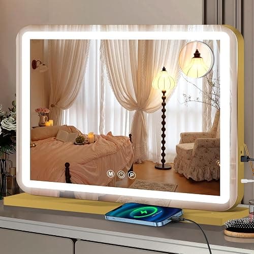 Ratsamee 23"x18" Gold Vanity Mirror with Lights, Led Makeup Mirror, Lighted Makeup Mirror with 3 Color Dimmable Lights, Smart Touch Screen Control, Aluminum Metal Frame,USB Charging Port - Image 1