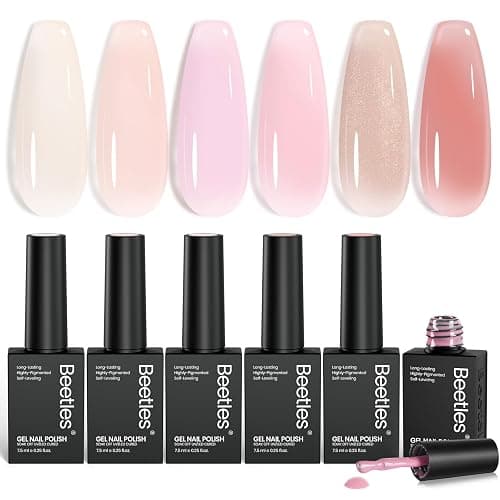 Beetles Jelly Gel Nail Polish Set - 6 Colors Nude Pink Gel Polish Kit Neutral Shimmer Translucent Sheer Gel Soak off Uv Nail Concealer Peach Juice Collection French Nail Art Manicure Gift for Women - Image 1
