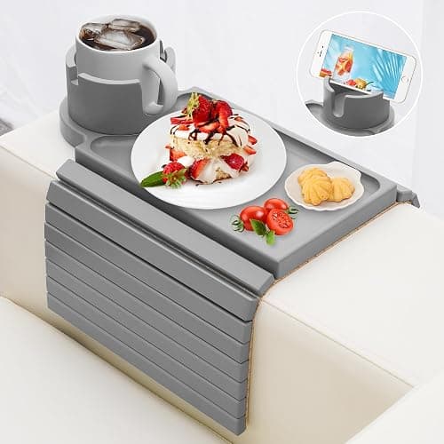 Couch Cup Holder - 3 in 1 Couch Arm Table Tray with 360° Rotating Cup Holder for Couch, Anti-Slip Arm Chair Rest Table for Large Wide Sofa Armrest, Foldable Side Table for Drinks Snacks - Gray - Image 1