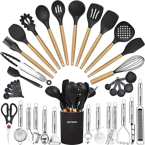 Cooking Utensils Set- 35 PCs Kitchen Utensils with Grater,Tongs, Spoon Spatula &Turner Made of Heat Resistant Food Grade Silicone and Wooden Handles Kitchen Gadgets Tools Set for Nonstick Cookware - Image 1