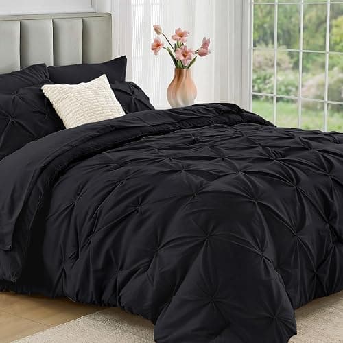JOLLYVOGUE Twin XL Comforter Set 5 Pieces - Bed in a Bag Twin XL for All Season, Pintuck Bedding Comforter Sets with Comforter, Flat Sheet, Fitted Sheet and Pillowcases & Shams, Black - Image 1