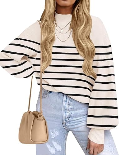 ZESICA Women's 2025 Fall Fashion Turtleneck Long Sleeve Striped Ribbed Knit Loose Pullover Sweater Tops - Image 1