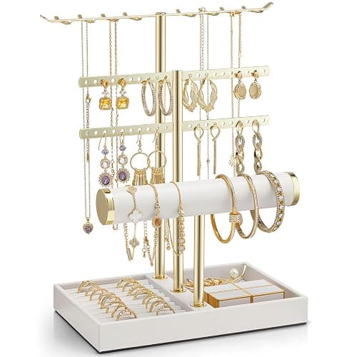 Vlando 3 Tier Jewelry Stand Organizer with Tary, Leather Jewelry Holder Display for Women, Gold Jewlery Holder Display for Necklace, Earring, Bracelet, Rings - White - Image 1