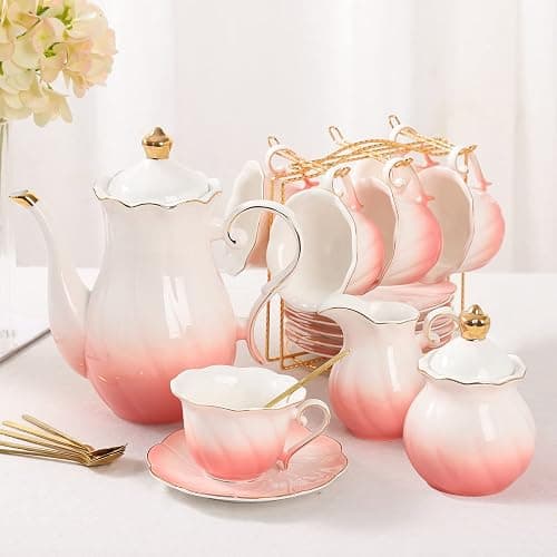 DUJUST 22 pcs Porcelain Tea Set for 6, Luxury British Style Tea/Coffee Cup Set with Golden Trim, Beautiful Tea Set for Women, Tea Party Set, Gift Package (with a Stand) - Gradient Pink - Image 1